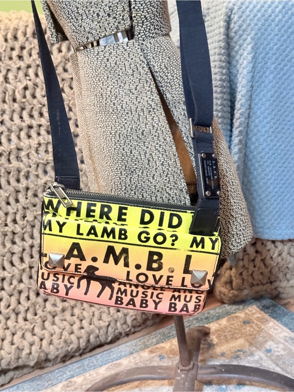 L.A.M.B. Neon Yellow Graphic Crossbody with Navy Strap